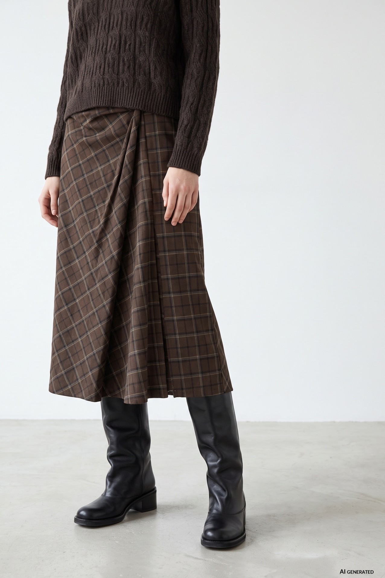 Brown Plaid Midi Skirt