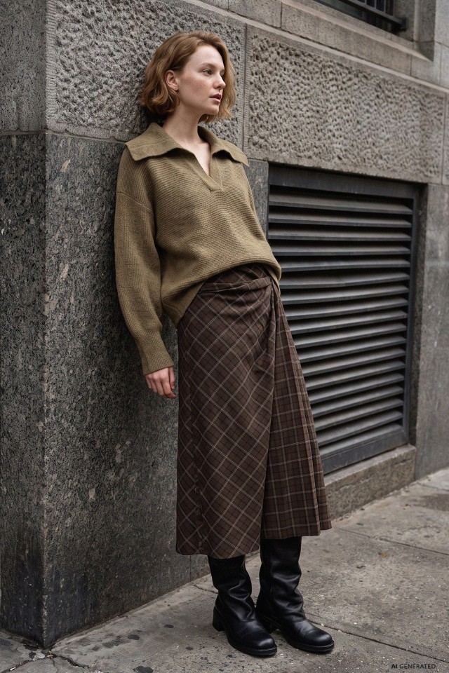 Brown Plaid Midi Skirt