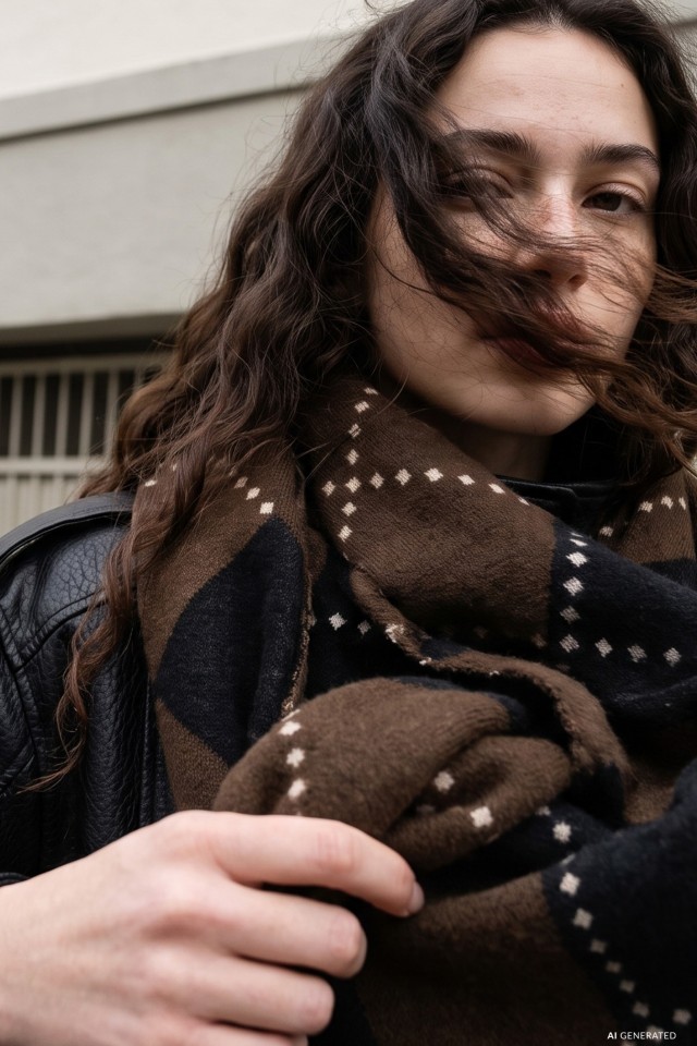 Brown Geometric Fringed Scarf